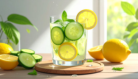 A glass of cucumber lemon water with mint and a lemon slice on the rim rests on a wooden coaster.の素材