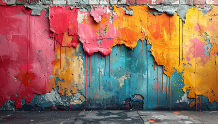 A weathered brick wall with peeling paint in vibrant pink, orange, and blue, featuring dripping paint.の素材