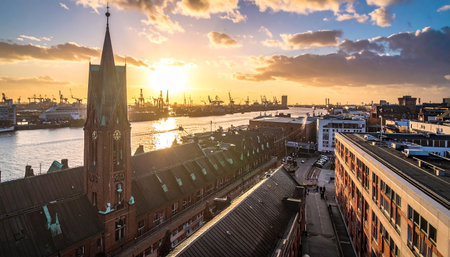 Hamburg harbor at sunset with a prominent church steeple, industrial cranes, and a warm sky.の素材