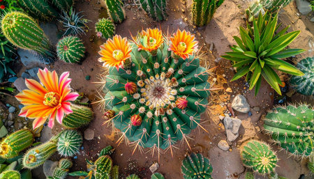 Flowering showing overhead view of a blooming barrel cactus surrounded by various desert plants keywords: cactus,...の素材