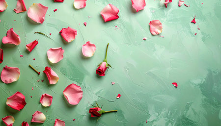 Pink rose petals and small buds scattered on a textured green surface with copy space.の素材