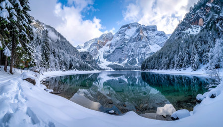 A calm winter lake perfectly reflects snow-covered mountains and a dense forest under a cloudy sky.の素材