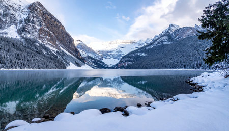 Snow-capped mountains are mirrored in a calm winter lake with a rocky, snow-covered shoreline.の素材