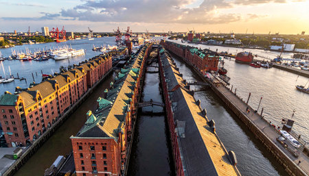 Hamburg Speicherstadt canals lined with historic red brick warehouses and boats under a cloudy skyの素材