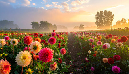 A dahlia field shrouded in morning mist glows with soft sunrise light and distant treesの素材