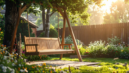 A wooden swing rests in a sun-drenched garden filled with blooming flowers and lush green grass.の素材