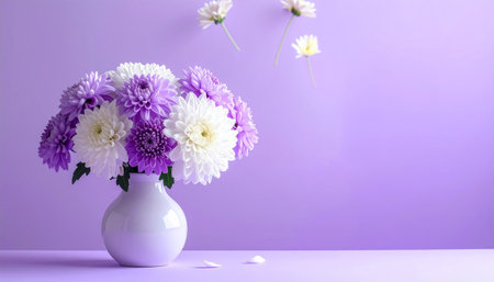 A white vase holds purple and white chrysanthemums with scattered petals and blooms floating in the air.の素材