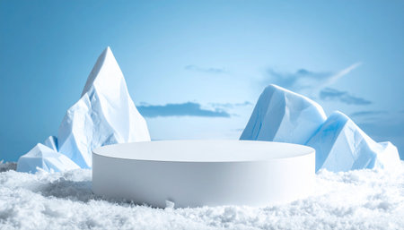 A white circular stage is positioned in a snow-covered area with striking blue-tinged ice formations and a clear sky.の素材