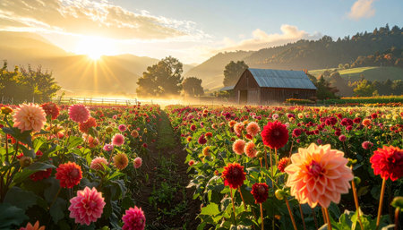 A rustic wooden barn sits in a dahlia field at sunrise, with misty mountains in the distance.の素材