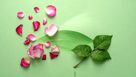A pink rose, scattered petals, and green leaves are arranged on a light green painted surface.の素材