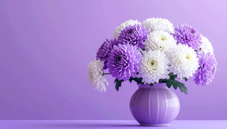 A bouquet of purple and white chrysanthemums arranged in a ribbed purple vase on a matching surface.の素材