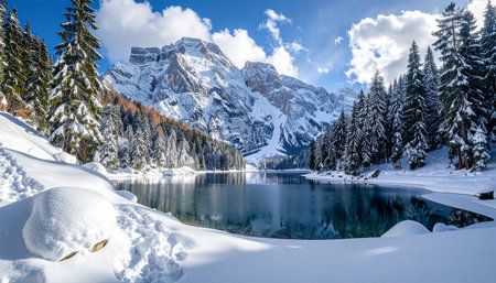 An idyllic winter scene with a calm lake reflecting dramatic snow-capped mountain peaks and snow-covered pine trees.の素材