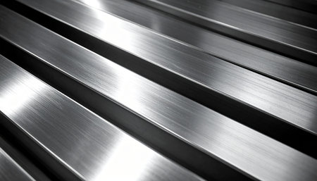 Brushed showing parallel brushed metal strips with sharp edges and reflective surfaces. High resolution image...の素材