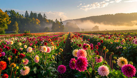 Rows of blooming dahlias under a sunrise sky, with misty forested hills and a clear blue sky.の素材