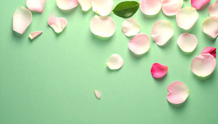 Delicate pink and white rose petals are scattered across a soft, light green surface, creating a gentle and airy feel.の素材