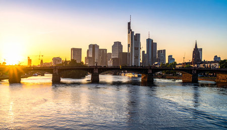Frankfurt skyline at sunrise with the River Main and a bridge, bathed in golden light.の素材