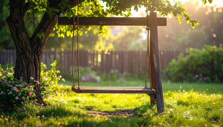 A rustic wooden swing hangs from a tree in a sun-drenched meadow filled with green grass and wildflowers.の素材