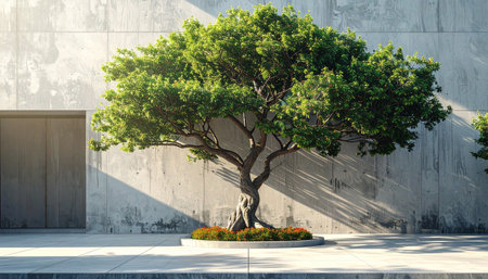 A vibrant green tree is centered in a modern courtyard with concrete surfaces and shadows.の素材