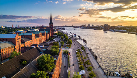 Hamburg cityscape with St Nicholas Church and Elbe River at golden hour with boats and buildingsの素材