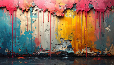 Peeling paint and colorful drips adorn a distressed concrete wall above a wet, reflective floor.の素材