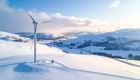 Wind turbines dot the rolling snow-covered hills under a bright blue sky with scattered clouds.の素材