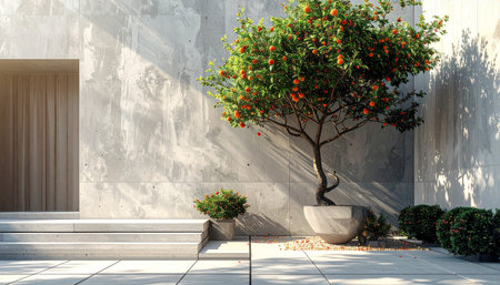 An outdoor patio with an orange tree in a pot, concrete steps, and a textured wall.の素材