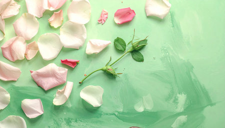 A single green rose bud with leaves lies on a textured light green surface surrounded by scattered pink and white...の素材
