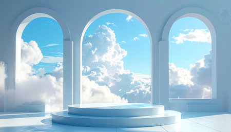 Three white arched openings reveal a bright blue sky filled with voluminous white clouds.の素材