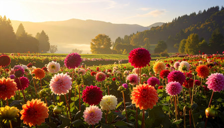 A wide expanse of blooming dahlias in various colors stretches towards misty mountains at sunrise.の素材