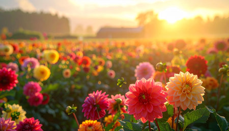 Close-up view of bright dahlia flowers in a field illuminated by the intense golden light of sunrise.の素材