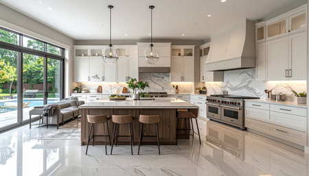 Light showing luxurious modern white kitchen with large island and backyard pool view keywords: kitchen, modern,...の素材