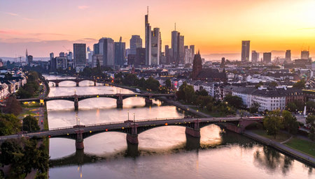 Frankfurt skyline with Main river and bridges during sunset with warm orange sky and cloudsの素材