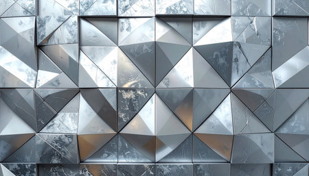 Textured metallic geometric wall panels with sharp angles and reflective surfaces create an abstract pattern.の素材