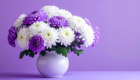 A bouquet of white and purple chrysanthemums in a white vase on a solid purple surfaceの素材