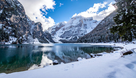 Majestic snow-capped mountains reflected in a tranquil, cold lake with footprints leading through the snowy foreground.の素材