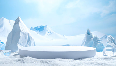 A white podium is surrounded by snow, ice cubes, and sharp ice formations in a bright arctic setting.の素材