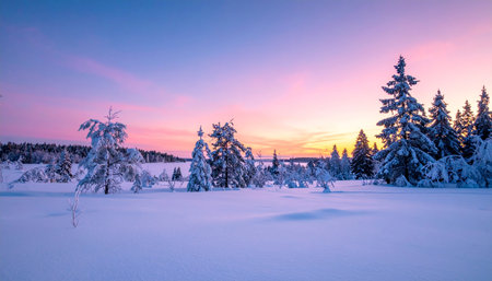 Snow covered trees in a winter landscape with a vibrant pink and blue sunset sky. Clear details and vibrant colors en...の素材