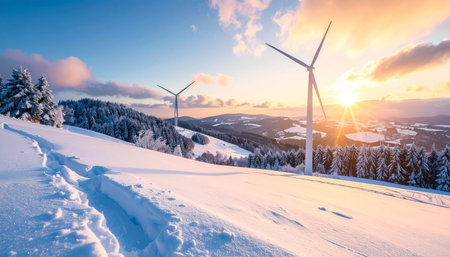 Snow covered hills with wind turbines at sunrise, showing footprints in the snow. Clear details and vibrant colors en...の素材