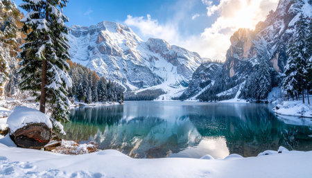 A winter lake mirrors snow-dusted mountains and a dense pine forest under a bright sky.の素材