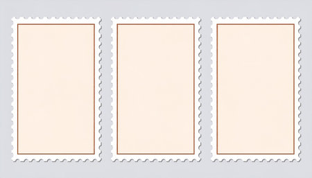 Image showing three blank beige postage stamps with brown borders on a gray background. High resolution image...の素材