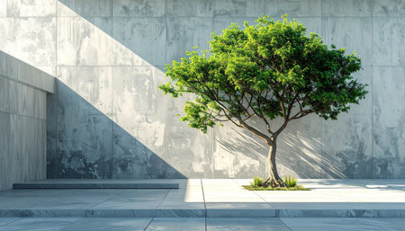 A solitary green tree casts long shadows on a textured concrete wall and paved ground in bright sunlight.の素材