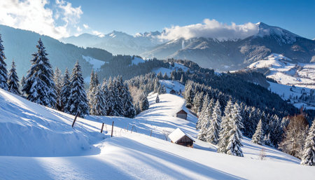 Snowy mountain slopes with wooden cabins and pine trees bathed in sunlight. Clear details and vibrant colors enhance ...の素材