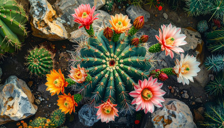 A top-down view of a large, round cactus with numerous colorful flowers and buds, nestled among rocks and smaller...の素材