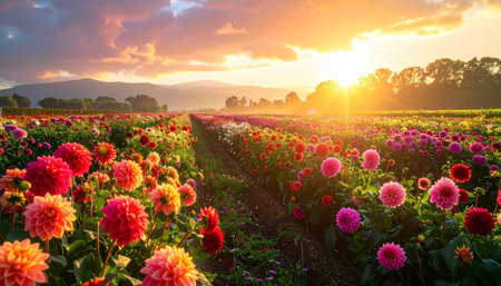 A breathtaking sunset casts a warm glow over a field of vibrant dahlias with distant mountains.の素材