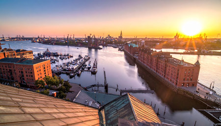 The sun rises over Hamburgs harbor and Speicherstadt with boats docked along the canal.の素材