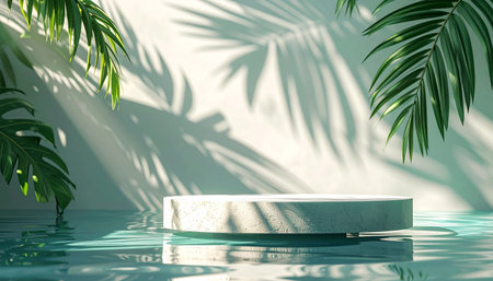 A textured concrete pedestal in shallow teal water with dappled palm leaf shadows on a wall.の素材
