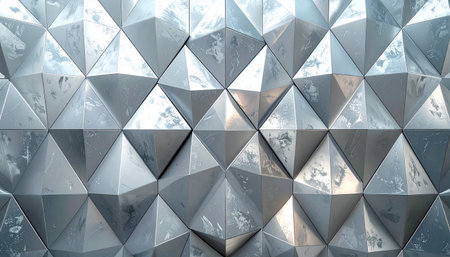 Textured metallic geometric facets with contrasting light and shadow play creating depth.の素材