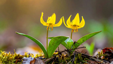 Two yellow trout lilies emerge from mossy ground, bathed in soft, warm morning sunlight.の素材
