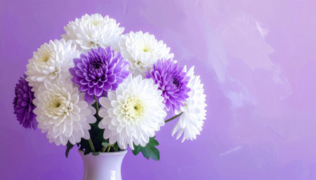 A bouquet of white and purple chrysanthemums in a white vase against a subtly textured purple background.の素材