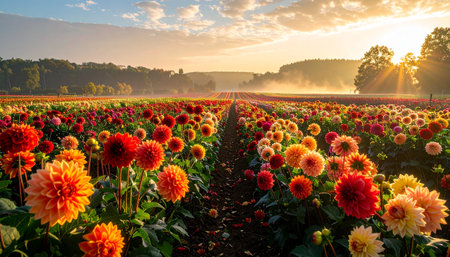 A vast field of colorful dahlias bathed in the warm glow of a golden sunrise with misty hills in the background.の素材